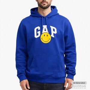 GAP XXL Blue Smiley Face Hoodie Kangaroo Pullover Y2K Streetwear